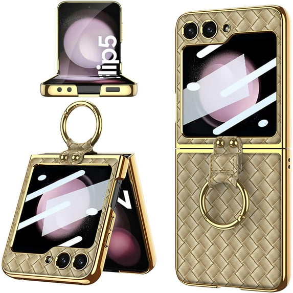 case for Samsung Z Flip 5 Case with Ring, Galaxy Z Flip 5 Case with Ring, Weave Fabric Business Style Protective Case Designed Samsung Galaxy Z Flip 5 Case, Champagne Color