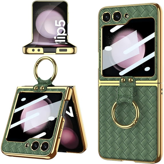 case for Samsung Z Flip 5 Case with Ring, Galaxy Z Flip 5 Case with Ring, Weave Fabric Business Style Protective Case Designed Samsung Galaxy Z Flip 5 Case, Grass Green Color