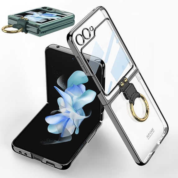 case for Samsung Z Flip 5 Case with Ring, Galaxy Z Flip 5 Case with Screen Protector Electroplating Border Design Protective Cover for Samsung Galaxy Z Flip 5, Bright Black