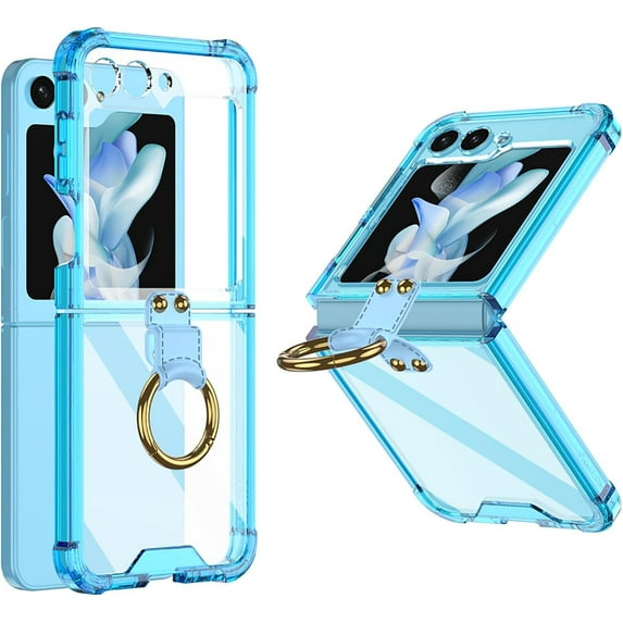 case for Samsung Z Flip 5 Case with Ring Stand, Galaxy Z Flip 5 Clear Airbag Case Built-in High-Transparency Soft Film for Samsung Galaxy Z Flip 5, Clear Blue