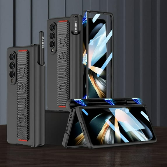 case for Samsung Z Fold 4 Case with Finger Strap, Galaxy Z Fold 4 Case with Hinge Protection Built in S Pen Holder & Screen Protector Handheld Design Phone Case Fit Galaxy Z Fold4, Carbon Fiber Black