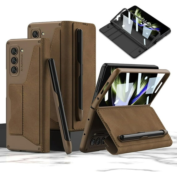 case for Samsung Z Fold 5 Case with S Pen Holder - Premium Leather Wallet Case, Built-in Screen Protector, Detachable Pen Slot - Compatible with Samsung Galaxy Z Fold 5, Cloud Brown