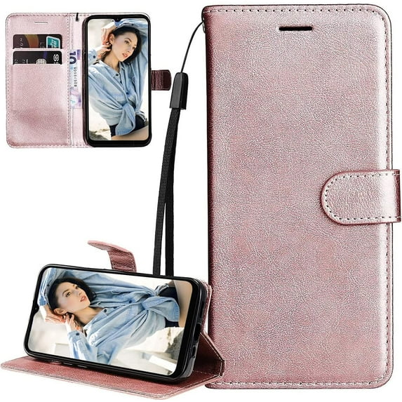 case for Xiaomi Redmi A1 Wallet Phone Case with Card Holder for Women, Redmi A1 Case Luxury Simple Solid Color PU Leather Flip Case Cover for Xiaomi Redmi A1 CS Rose Gold