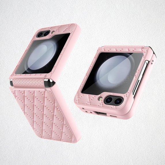 case for Z Flip 5 Case Leather, Galaxy Z Flip 5 Case with Hinge Protection Stretchable Strap & Built-in Small Screen Protector Protective Phone Case for Samsung Galaxy Z Flip 5, Pink