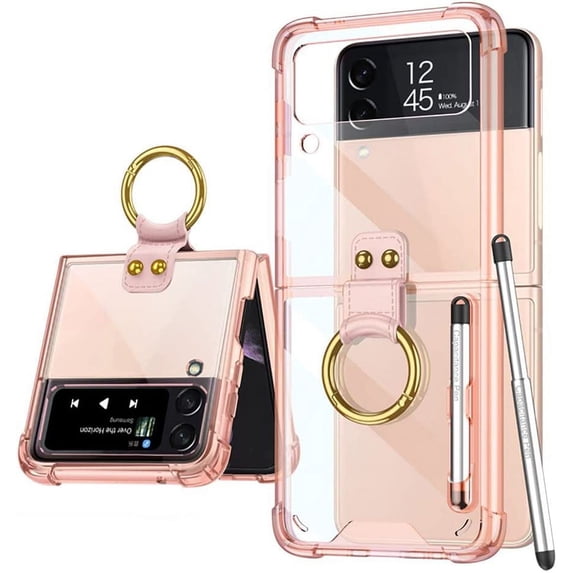 case for Samsung Galaxy Z Flip 3 Case, Galaxy Z Flip 3 Case with Ring and Capacitance Pen Protective Cover for Samsung Galaxy Z Flip 3 5G, Pink