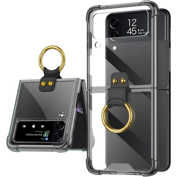 case for Samsung Z Flip 4 Case, Galaxy Z Flip 4 Clear Case with Ring Stand Protective Cover for Samsung Galaxy Z Flip 4, Bright Black