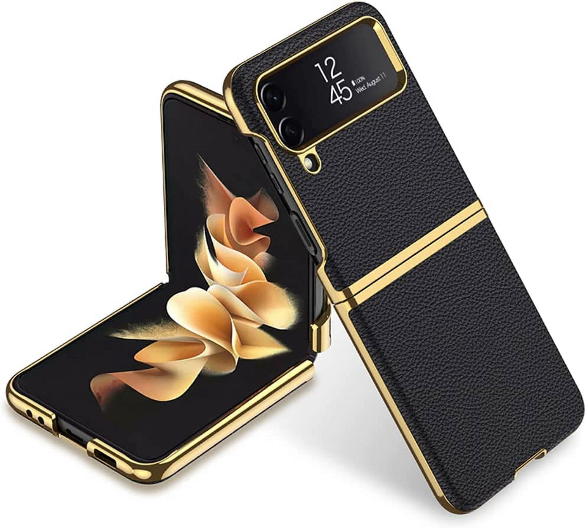 case for Samsung Z Flip 4 Case Leather, Galaxy Z Flip 4 Case Electroplate Phone Case Compatible with Samsung Galaxy Z Flip 4 5G, Black