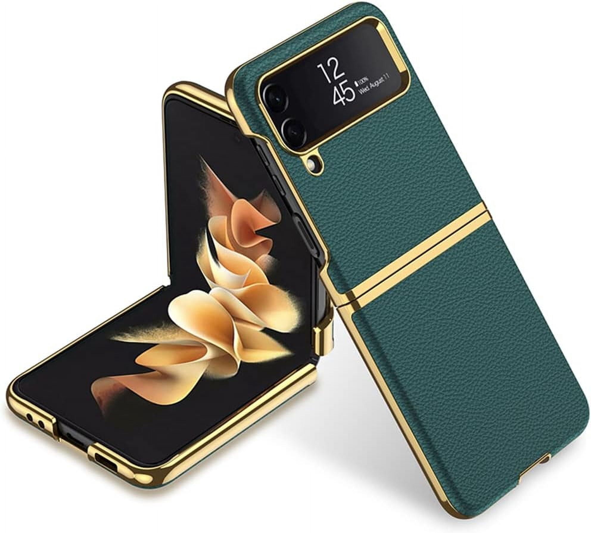 case for Samsung Z Flip 4 Case Leather, Galaxy Z Flip 4 Case Electroplate Phone Case Compatible with Samsung Galaxy Z Flip 4 5G, Dark Green