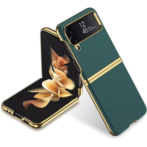 case for Samsung Z Flip 4 Case Leather, Galaxy Z Flip 4 Case Electroplate Phone Case Compatible with Samsung Galaxy Z Flip 4 5G, Dark Green