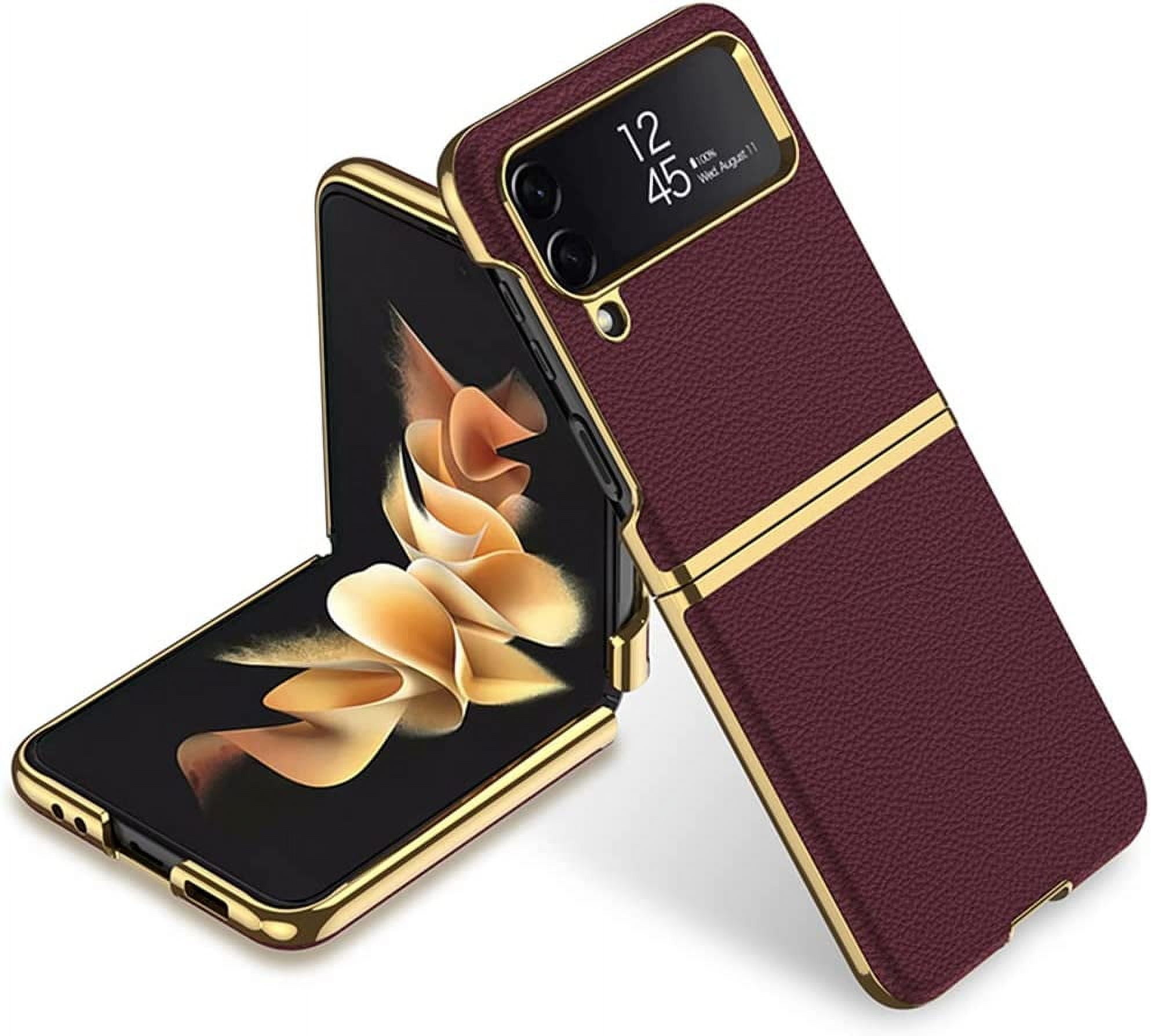 case for Samsung Z Flip 4 Case Leather, Galaxy Z Flip 4 Case Electroplate Phone Case Compatible with Samsung Galaxy Z Flip 4 5G, Red Wine