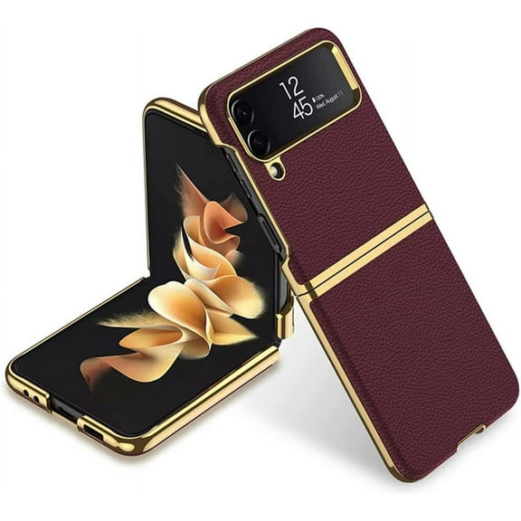 case for Samsung Z Flip 4 Case Leather, Galaxy Z Flip 4 Case Electroplate Phone Case Compatible with Samsung Galaxy Z Flip 4 5G, Red Wine