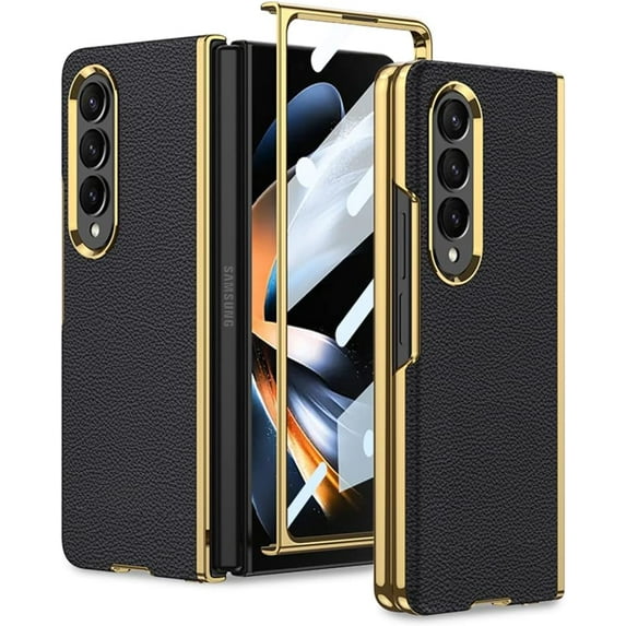 case for Samsung Z Fold4 Case Leather, Galaxy Z Fold4 Case Electroplate Phone Case Built-in Screen Protector for Samsung Galaxy Z Fold4, Black