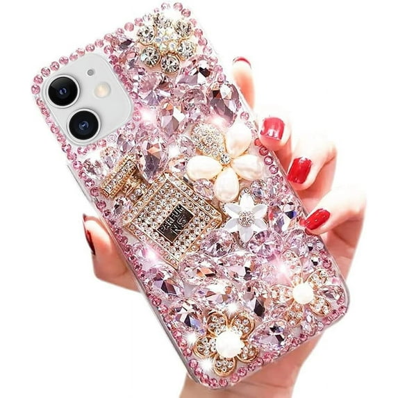 case for iPhone 11 Luxury Rhinestone Case - 3D Perfume Bottle & Flower Gemstone, Soft TPU, 6.1 inch