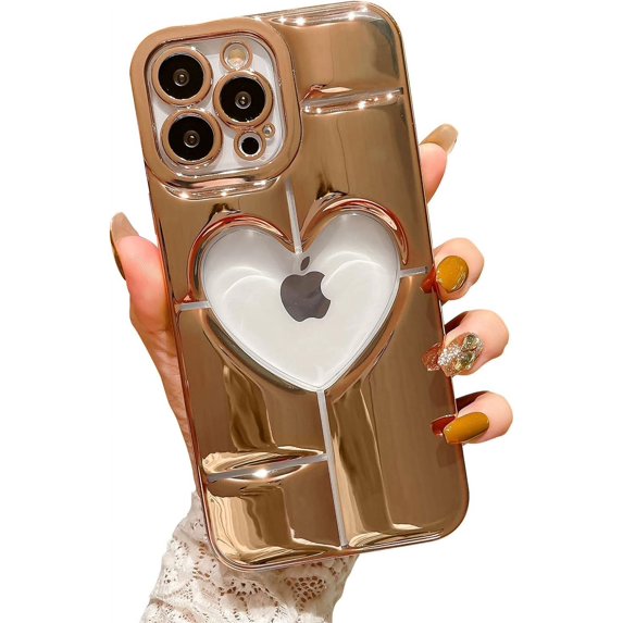 case for iPhone 12 Pro Max Case, Cute Clear 3D Love Heart with Luxury Bling Plating Mirror Case, Soft TPU Airbag Anti-Fall Shockproof Camera&Screen Protective Back Cover for Women Girls(Gold)