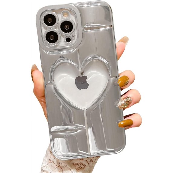 case for iPhone 12 Pro Max Case, Cute Clear 3D Love Heart with Luxury Bling Plating Mirror Case, Soft TPU Airbag Anti-Fall Shockproof Camera&Screen Protective Back Cover for Women Girls(Silver)