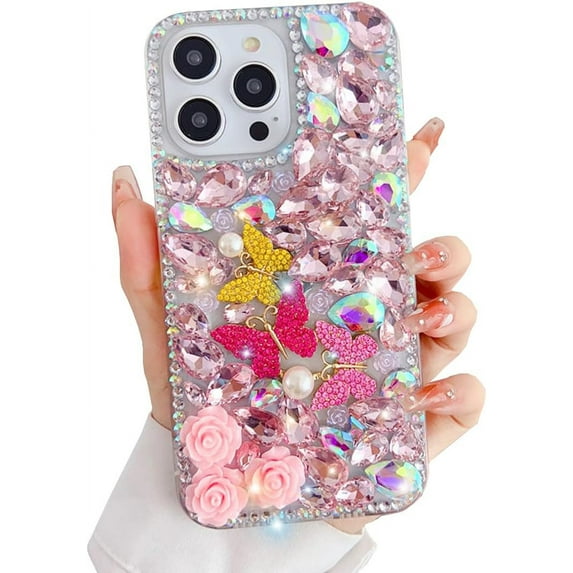 case for iPhone 13 Pro Max Bling Glitter Case,Luxury Bling Diamond Rhinestone Gemstone 3D Butterfly and Rose Flower Gemstone Soft TPU Back Cover Case for Women Girls with iPhone 13 Pro Max 6.7"