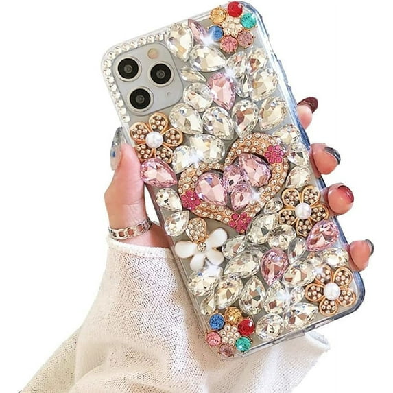 case for iPhone 13 Pro Max Bling Glitter Case,Luxury Bling Diamond Rhinestone Gemstone 3D Love Heart and Flower Gemstone Soft TPU Back Cover Case for Women Girls with iPhone 13 Pro Max 6.7"