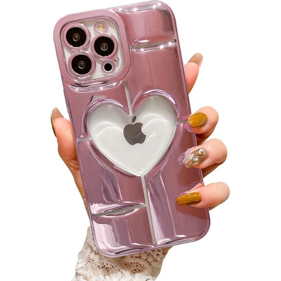 case for iPhone 13 Pro Max Case, Cute Clear 3D Love Heart with Luxury Bling Plating Mirror Case, Soft TPU Airbag Anti-Fall Shockproof Camera&Screen Protective Back Cover for Women Girls（Pink）