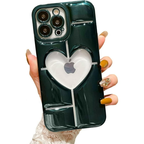 case for iPhone 13 Pro Max Case, Cute Clear 3D Love Heart with Luxury Bling Plating Mirror Case, Soft TPU Airbag Anti-Fall Shockproof Camera&Screen Protective Back Cover for Women Girls(Green)