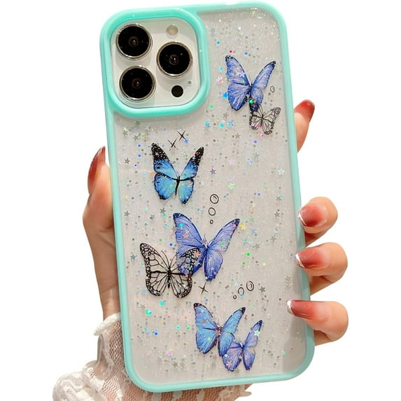 case for iPhone 13 Pro Max Case Cute Glitter Butterfly Print iPhone 13 Pro Max Phone Cases for Women Girls Soft TPU Clear Sparkle Trendy Shockproof Bumper 5G 6.7 Inch (Blue)