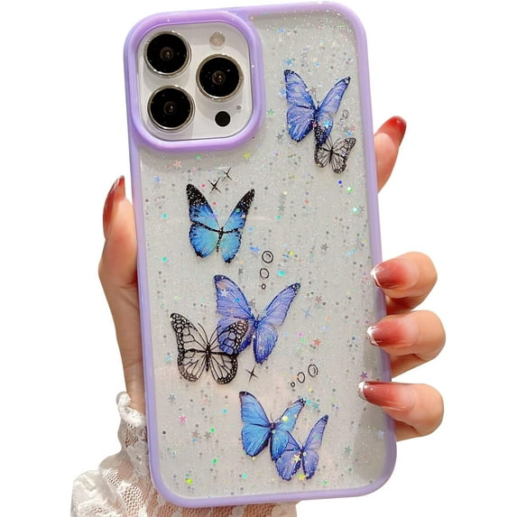 case for iPhone 13 Pro Max Case Cute Glitter Butterfly Print iPhone 13 Pro Max Phone Cases for Women Girls Soft TPU Clear Sparkle Trendy Shockproof Bumper 5G 6.7 Inch (Purple)