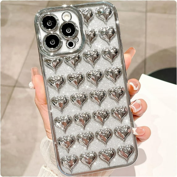 case for iPhone 13 Pro Max Case Glitter, Luxurly Plated 3D Heart, Bling Sparkly Phone Cases for iPhone 13 Pro Max, Soft Shockproof Protective Back Cover for Women Girls, Silver
