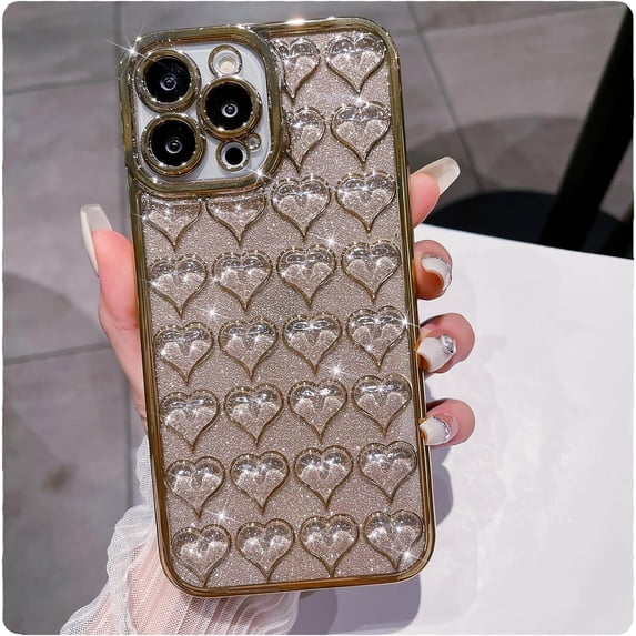 case for iPhone 13 Pro Max Case Glitter, Luxurly Plated Glitter Transparent 3D Heart, Bling Sparkly Phone Cases for iPhone 13 Pro Max, Soft Shockproof Protective Back Cover for Women Girls, Gold