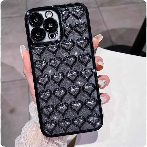case for iPhone 13 Pro Max Case Glitter, Luxurly Plated Glitter Transparent 3D Heart, Bling Sparkly Phone Cases for iPhone 13 Pro Max, Soft Shockproof Protective Back Cover for Women Girls, Black