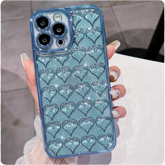 case for iPhone 13 Pro Max Case Glitter, Luxurly Plated Glitter Transparent 3D Heart, Bling Sparkly Phone Cases for iPhone 13 Pro Max, Soft Shockproof Protective Back Cover for Women Girls, Blue