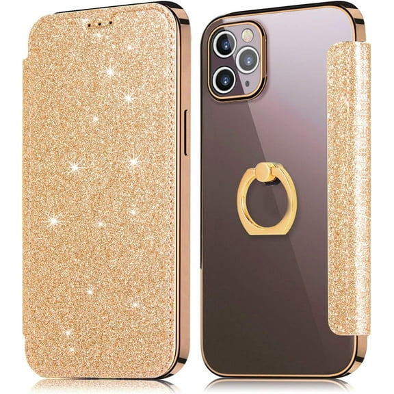 case for iPhone 14 13 12 11 8 7 SE X XS XR Plus Pro Max Mini Phone Case, Shiny Comcase fortable PU Top Cover + Soft Clear Back Cover with Card Holder Finger Ring, Full Wrap-Around Bumper(Gold,XS MAX)