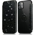 thumbnail image 1 of case for iPhone 14 13 12 11 8 7 SE X XS XR Plus Pro Max Mini Phone Case, Shiny Comcase fortable PU Top Cover + Soft Clear Back Cover with Card Holder Finger Ring, Full Wrap-Around Bumper(Black,XS MAX), 1 of 8