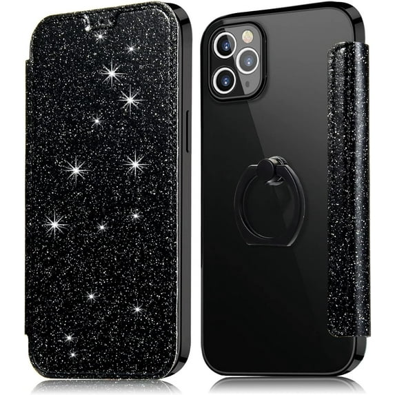 case for iPhone 14 13 12 11 8 7 SE X XS XR Plus Pro Max Mini Phone Case, Shiny Comcase fortable PU Top Cover + Soft Clear Back Cover with Card Holder Finger Ring, Full Wrap-Around Bumper(Black,XS MAX)