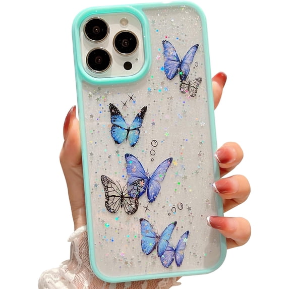 case for iPhone 14 Pro Case Cute for Women Glitter Butterfly iPhone 14 Pro Phone Cases Girls Soft TPU Clear Sparkle Trendy Shockproof Bumper iPhone 14 Pro Case Cover 5G 6.1 Inch (Blue)