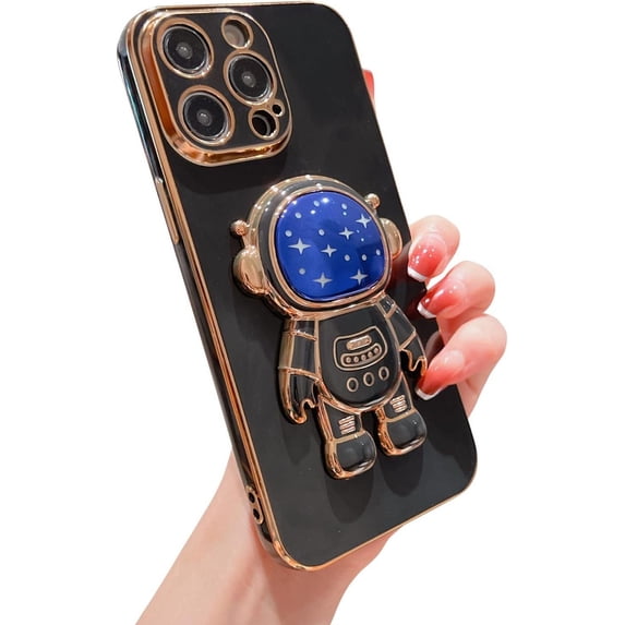 case for iPhone 14 Pro Case for Women Cute iPhone 14 Pro Phone Case with Astronaut Kickstand Holder Soft TPU Full Camera Lens Protection Shockproof Dainty 14 Pro Girls Stand Case 6.1" (Black)