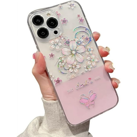 case for iPhone 14 Pro Max Case Clear with Design Cute Butterfly Floral Embossed Pattern Camera Protection Soft TPU Bumper Slim Protective Cover for Girly Girl Women (Pink Flowers)