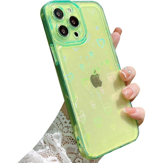case for iPhone 14 Pro Max Case, Clear Laser Bling Glitter Cute Holographic Love Heart Pattern,Slim and Soft TPU Anti Scratch Shockproof Case for Women Girls Back Cover Fl Green