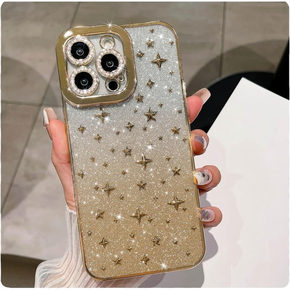 case for iPhone 14 Pro Max Case Glitter, Luxurly Plated with 3D Stars, Cute Gradient Bling Sparkly Rhinestone Clear Phone case, Soft Silicone Shockproof Protective Back Cover for Women Girls, Gold