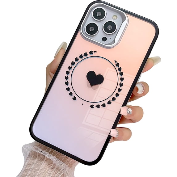 case for iPhone 14 Pro Max Case, Laser Glitter Bling Clear Mirror Case with Cute Heart Pattern, Hard PC + Soft TPU Anti Scratch Shockproof Case for Women Girls Back Cover (Black)