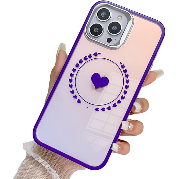 case for iPhone 14 Pro Max Case, Laser Glitter Bling Clear Mirror Case with Cute Heart Pattern, Hard PC + Soft TPU Anti Scratch Shockproof Case for Women Girls Back Cover (Purple)