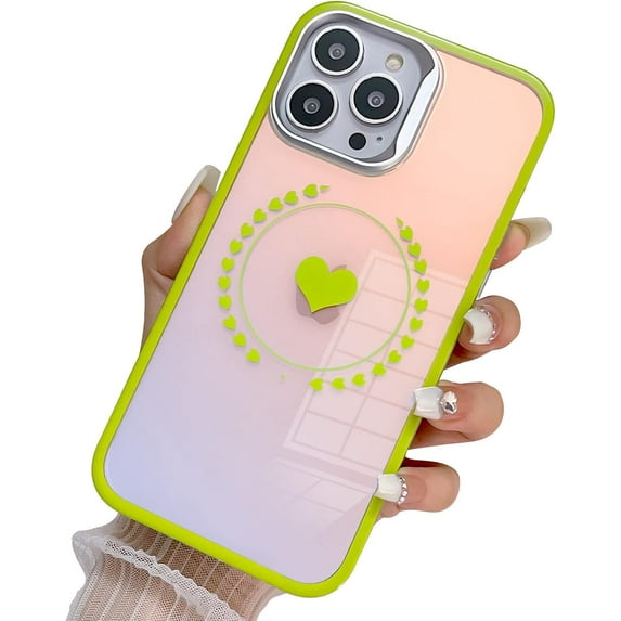 case for iPhone 14 Pro Max Case, Laser Glitter Bling Clear Mirror Case with Cute Heart Pattern, Hard PC + Soft TPU Anti Scratch Shockproof Case for Women Girls Back Cover (Green)