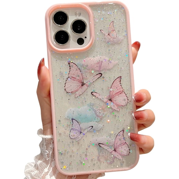 case for iPhone 15 Pro Case Cute Glitter with Butterfly Phone Case for iPhone 15 Pro for Women Girls Lens Protection Shockproof Protective Cover Soft Silicone Clear Dainty Cases 6.1 ” (Pink)