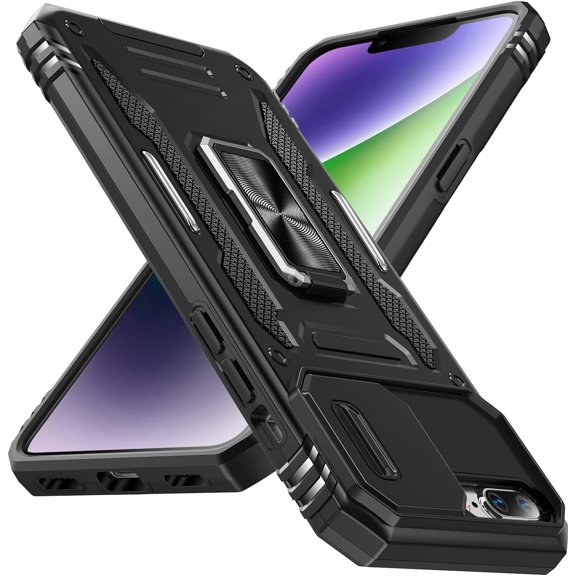 case for iPhone 8 Plus / 7 Plus Case with Kickstand with Camera Cover,Military-Grade Protection,Metal Ring Kickstand,Bumper Case for iPhone 7Plus / 8Plus Case,Black 5-IP8p-01