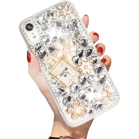 case for iPhone XR Shiny Rhinestone Case for Girls Fashion Luxury Bling Bling Diamond Rhinestone Gemstone 3D Perfume Bottle and Flower Gemstone Soft TPU Back case for iPhone XR 6.1 inch