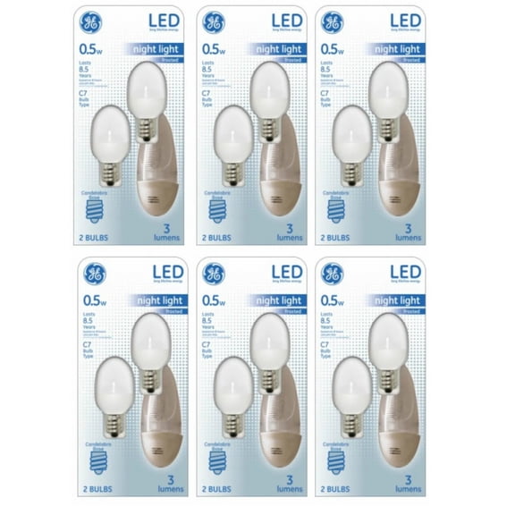 (case of 12 bulbs) GE Lighting 14150 0.5 Watt Candelabra E12 C7 Soft White Night Light LED Bulbs