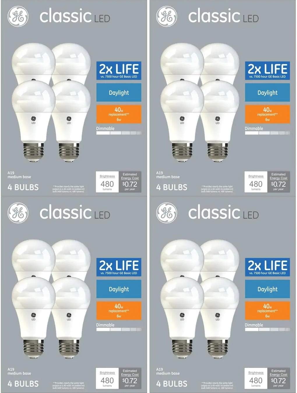 (case of 16 bulbs) GE classic LED, 6 watt, 480 lumen, daylight 5000K, Dimmable, medium base