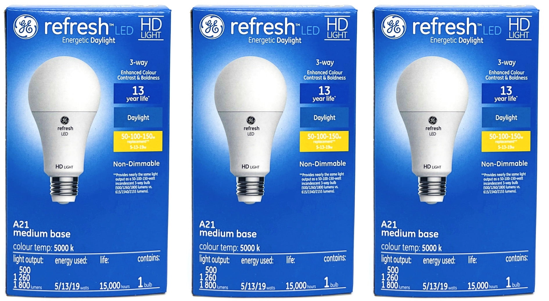 (case of 3) GE refresh LED 3 way A21, Energetic Daylight, 5,13,19 watt, 500,1260,1800 lumens, 3-way LED Light Bulb, Medium base, HD Light