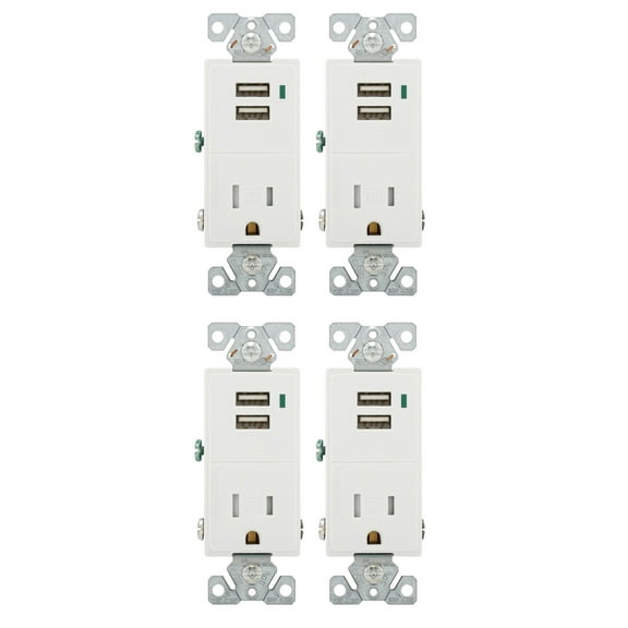 (case of 4) Eaton Wiring Devices TR7740W-BOX 15 Amp 125 VAC 2-Pole 3-Wire NEMA 5-15R White Combination USB Charger with Receptacle