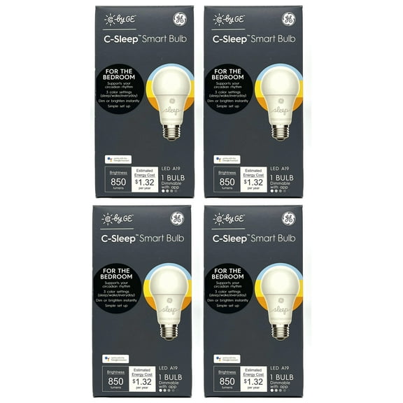 (case of 4) GE LED A19 Smart Bulb, C by GE, Sleep Smart Bulb, 3 color settings, 11 watts, 850 lumens, works with google assistant