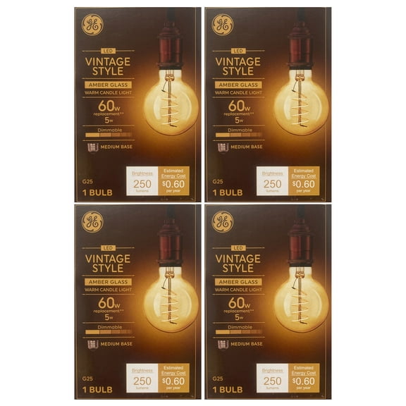 (case of 4 bulbs) GE 36731 Vintage Style LED Light Bulb, G25 Globe, Amber finish, Joyously Meandering Spiral filament, medium base, Dimmable