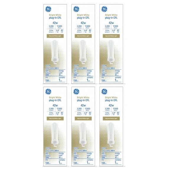 (case of 6) GE Bright White 42 Watt Plug-in CFL GX24q-4 Base, 3500K Neutral Bright White, 6.4-inch F42TBX Light Bulb, 4 pin Plug-in